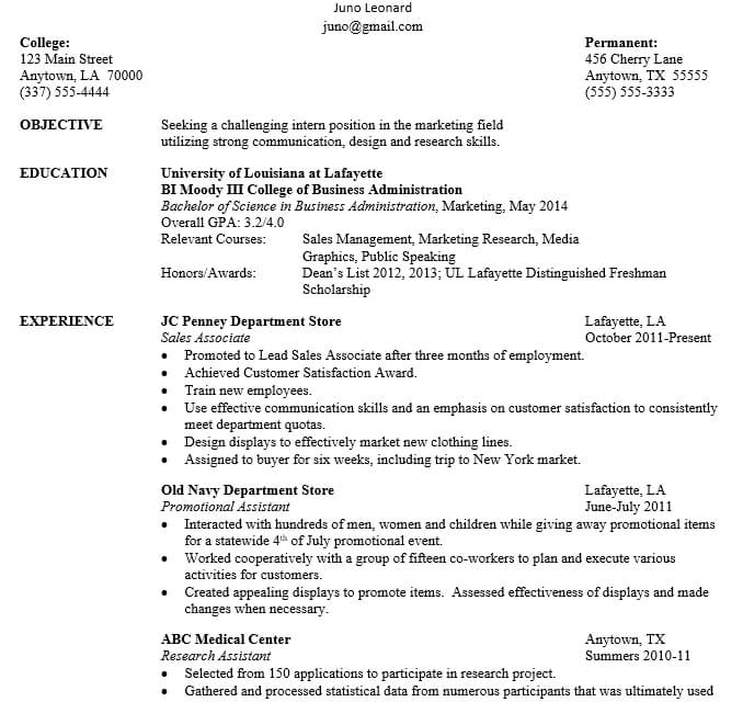 Internship Resume For Business Administration