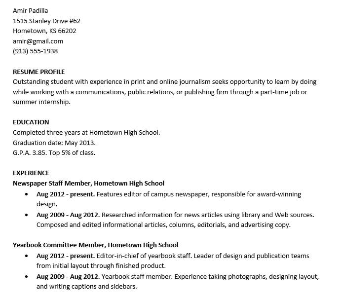 Job Resume For High School Student