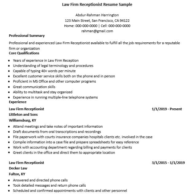 Law Firm Receptionist Resume Sample