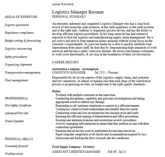 Logistics Manager Resume