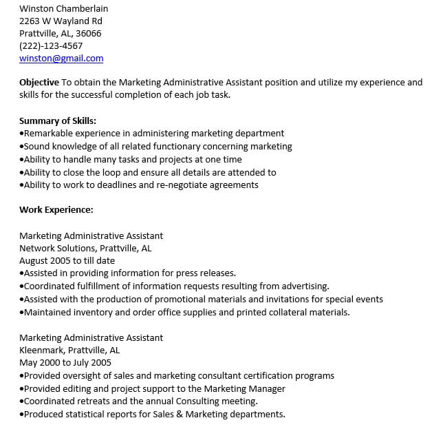 Marketing Administrative Assistant Resume