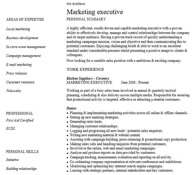 Marketing Executive Resume Example