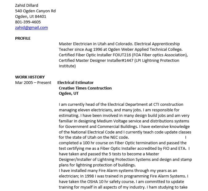 Master Electrician Resume