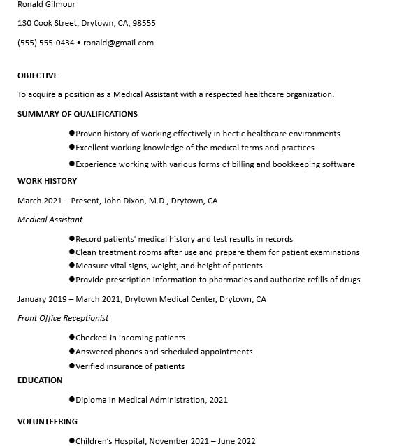 Medical Clinical Assistant Resume