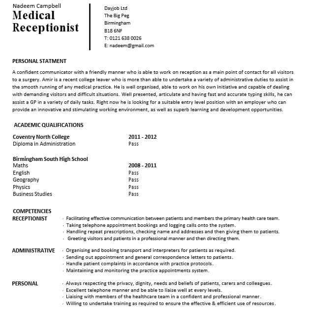 Medical Office Receptionist Resume