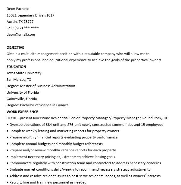 Multi Family Property Manager Resume