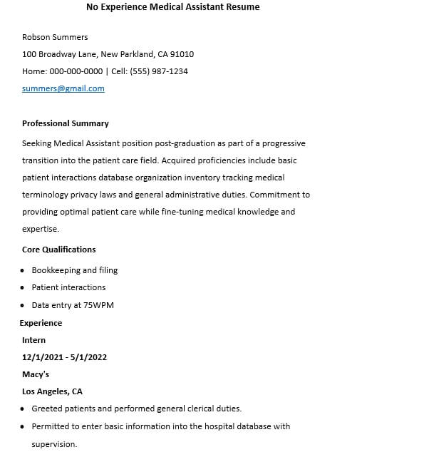 No Experience Medical Assistant Resume