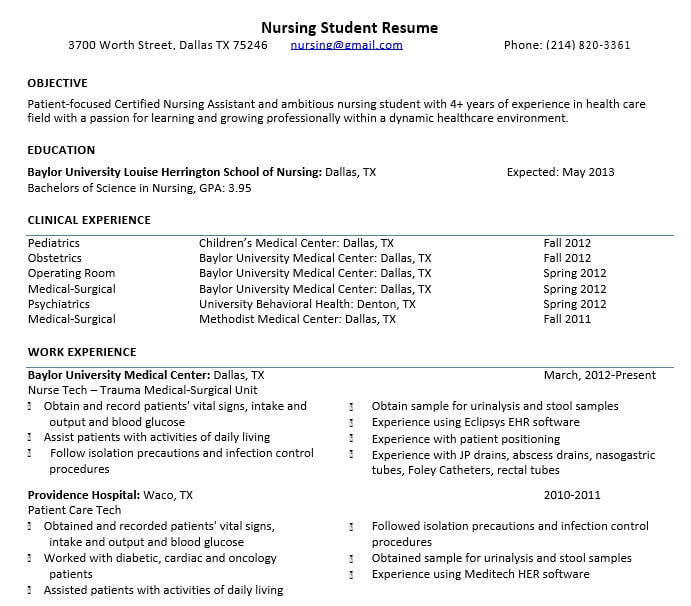 Nursing Assitant Student Resume Template