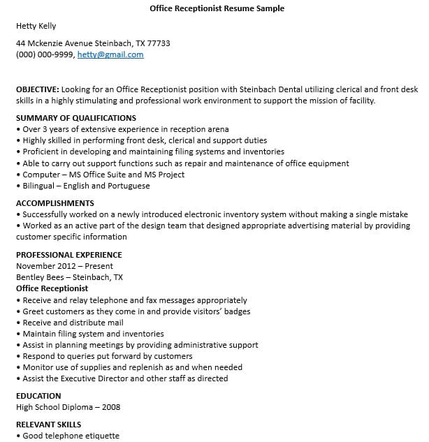 Office Receptionist Resume Template