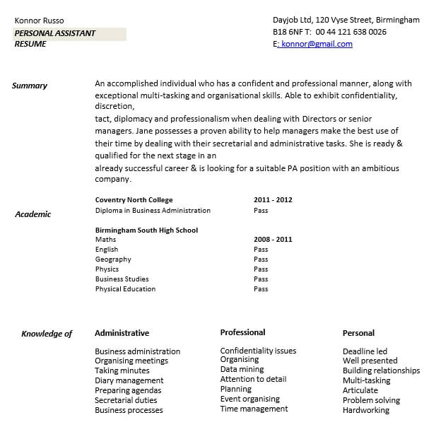 Personal Assistant Resume