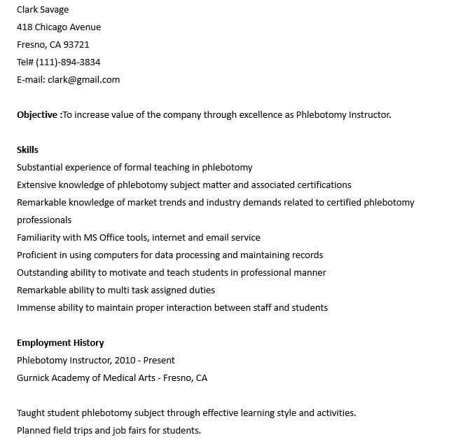 Phlebotomy Instructor Resume