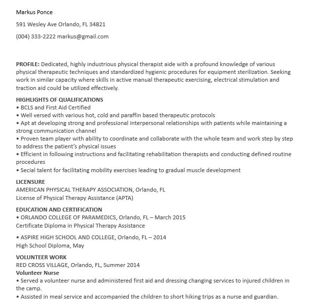 Physical Therapy Aide Fresher Resume