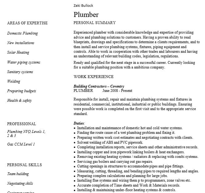 Plumber Resume in PDF