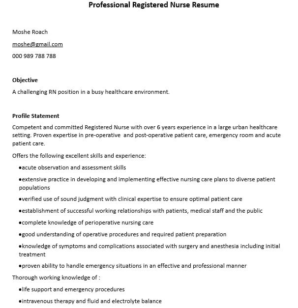 Professional Registered Nurse Resume