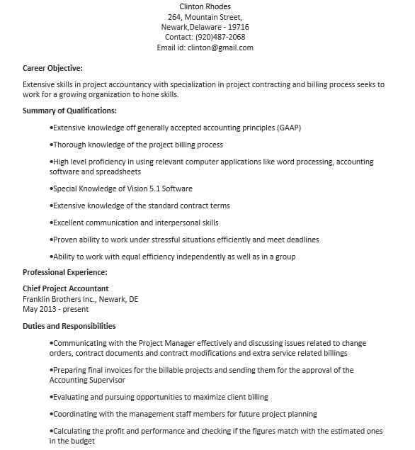 Project Accountant Resume Objective