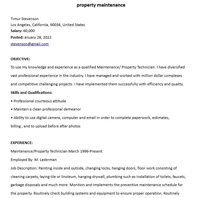 Property Maintenance Resume