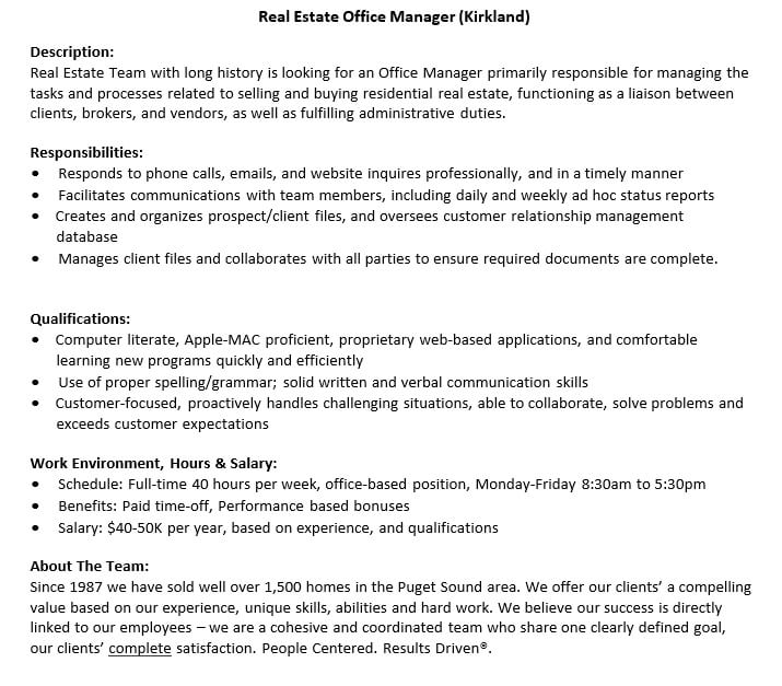 Real Estate Office Manager Resume