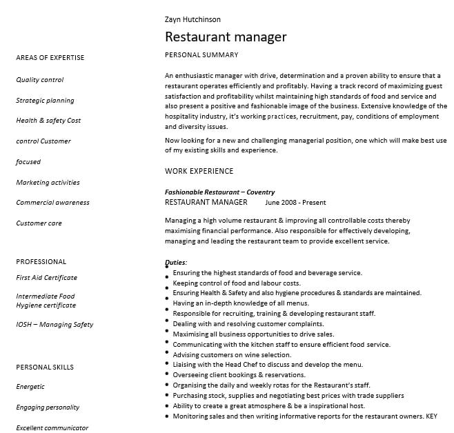 Restaurant General Manager Resume