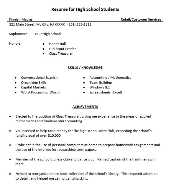 Resume For High School Student Template