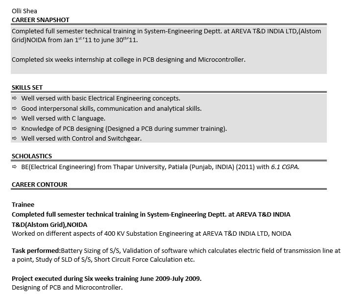 Resume Format For Fresher Electrical Engineer Free Download