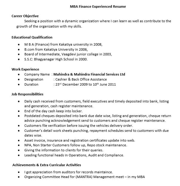 Resume Format For MBA Finance Experienced