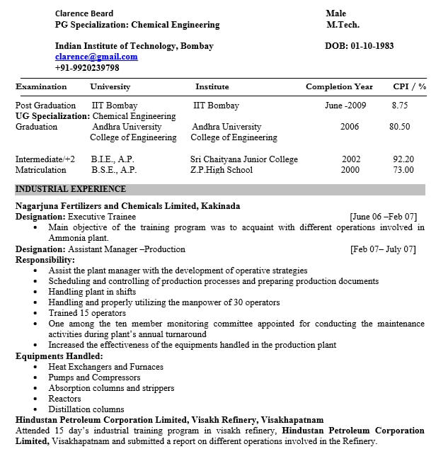 Resume for Chemical Engineer