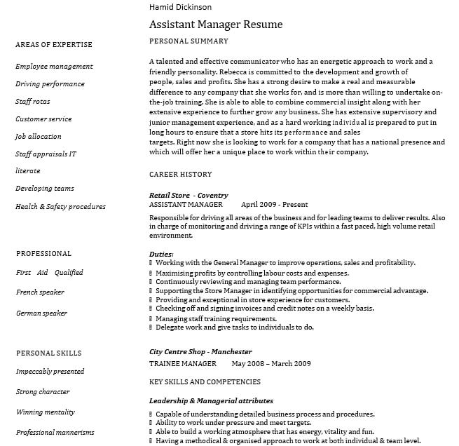 Retail Assistant Manager Resume