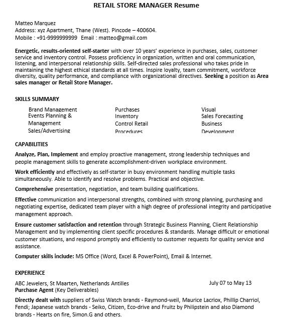 Retail Store Manager Resume 1