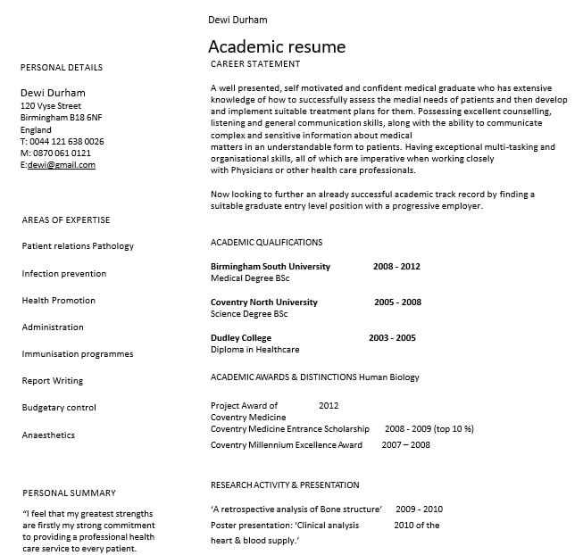 Sample Academic Resume Template