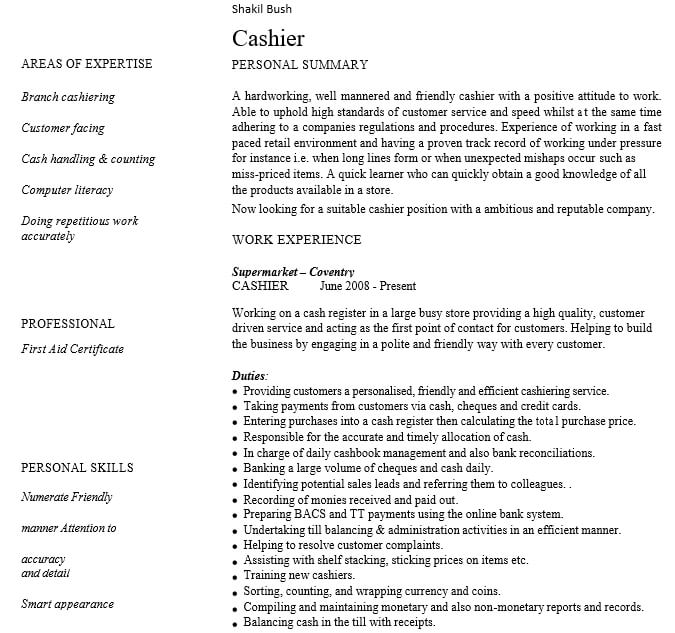 Sample Cashier Customer Service Resume PDF Format