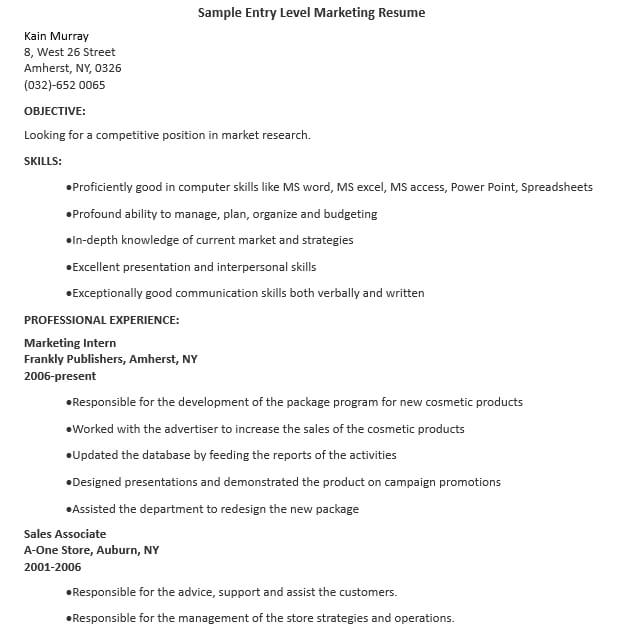 Sample Entry Level Marketing Resume
