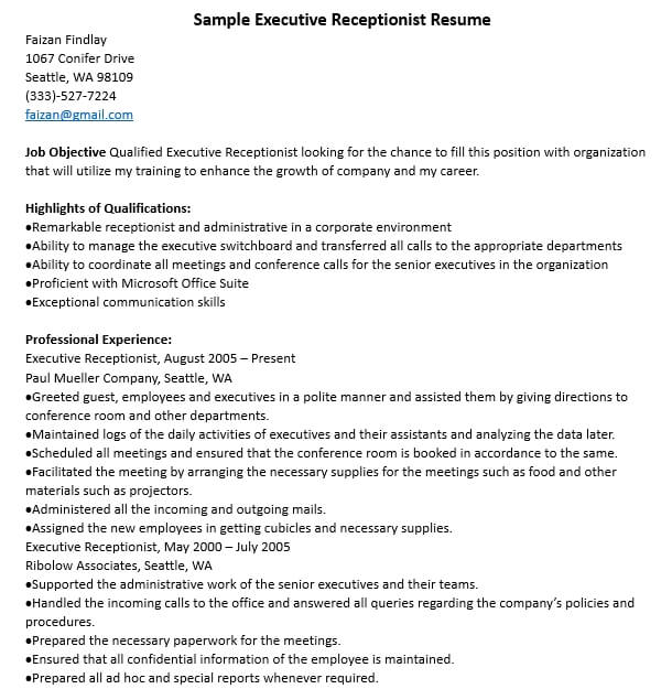 Sample Executive Receptionist Resume