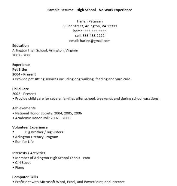 Sample High School Student Resume