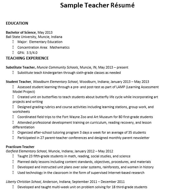 Sample Teacher Resume Template
