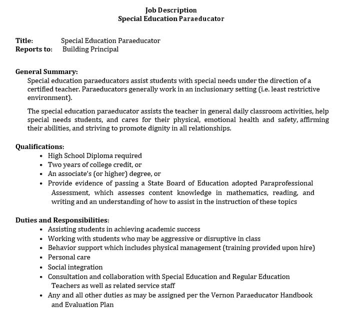 Special Edition Paraeducator Resume