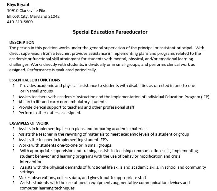 Special Education Paraeducator Resume