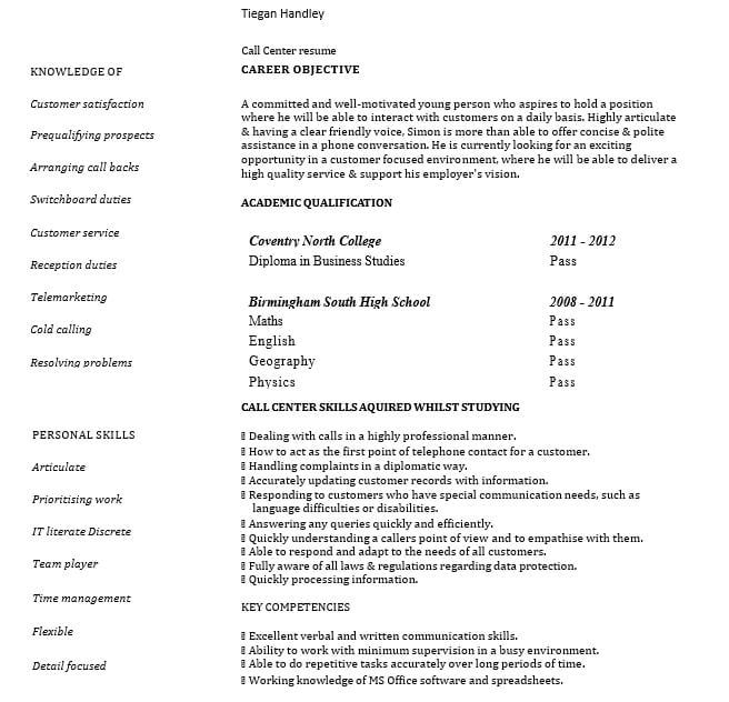 Student Call Center Resume Template