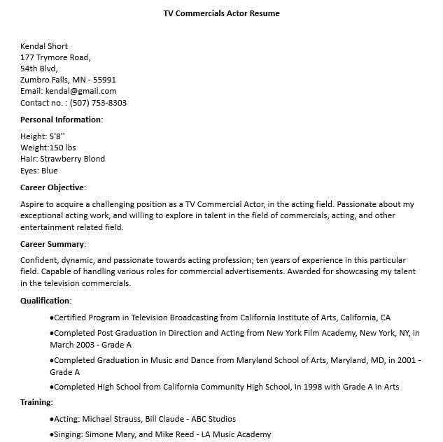 TV Commercials Actor Resume Template