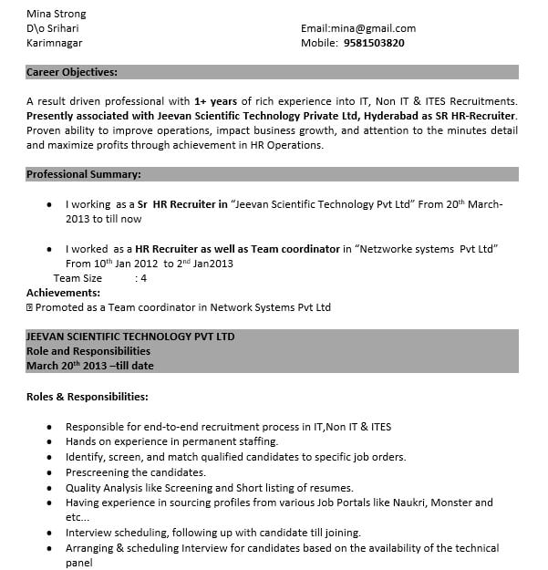 bpo experienced resume template