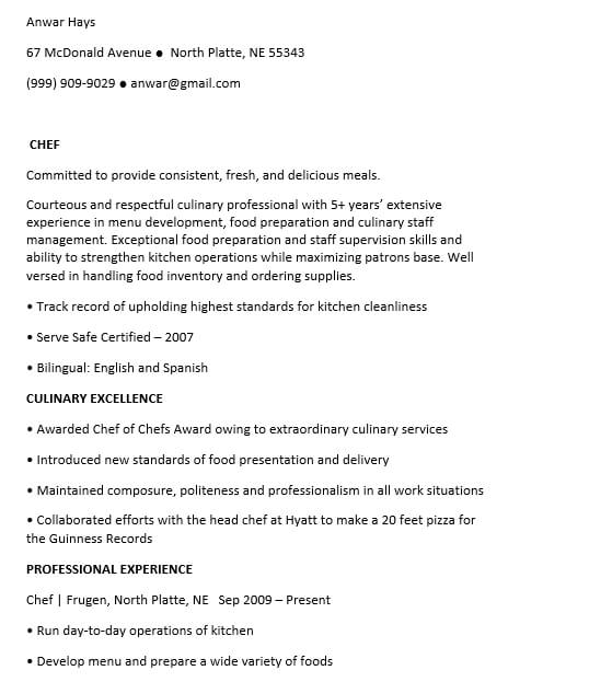 chef resume template free