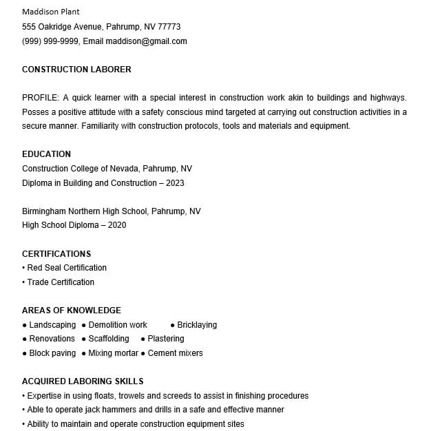 construction resume examples