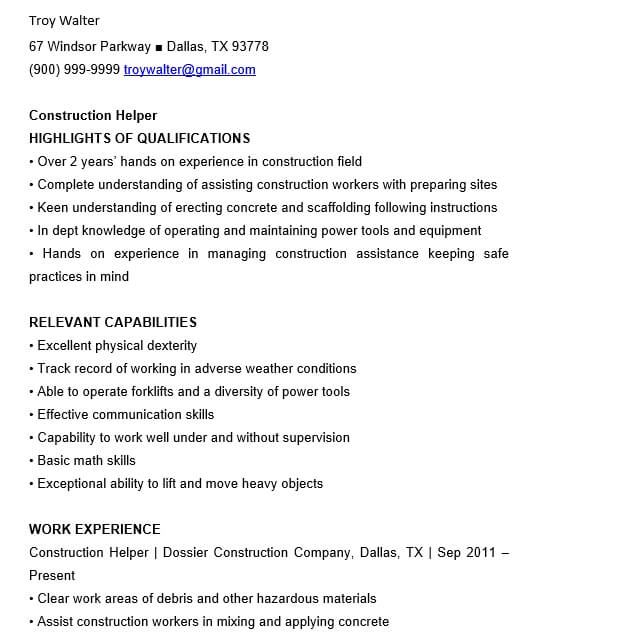 construction resume template