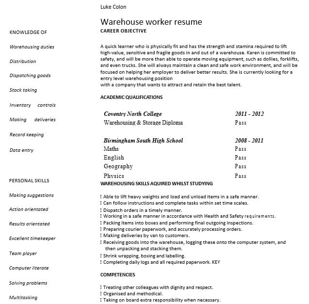 entry level resume for warehouse example