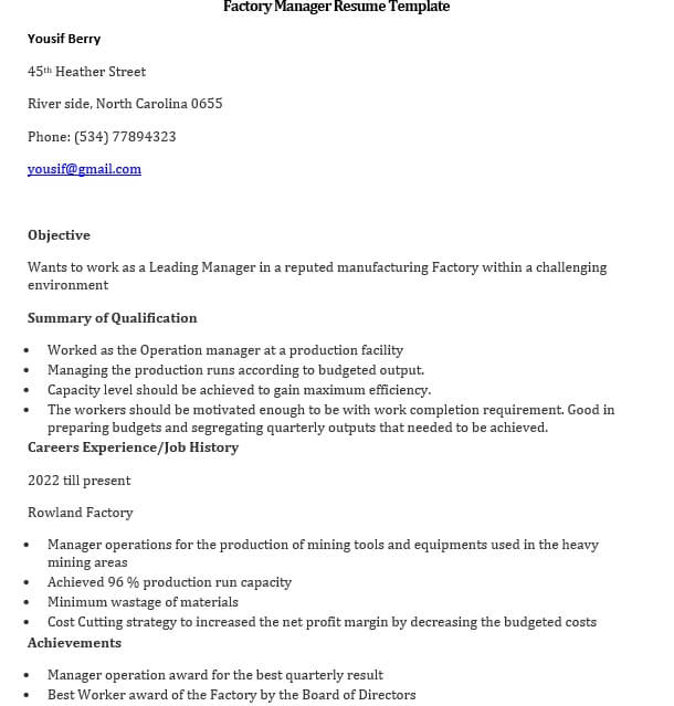factory manager resume template