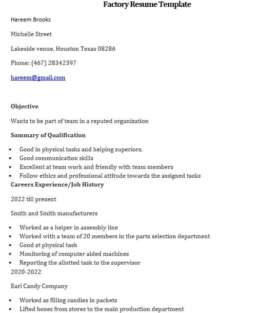factory resume template
