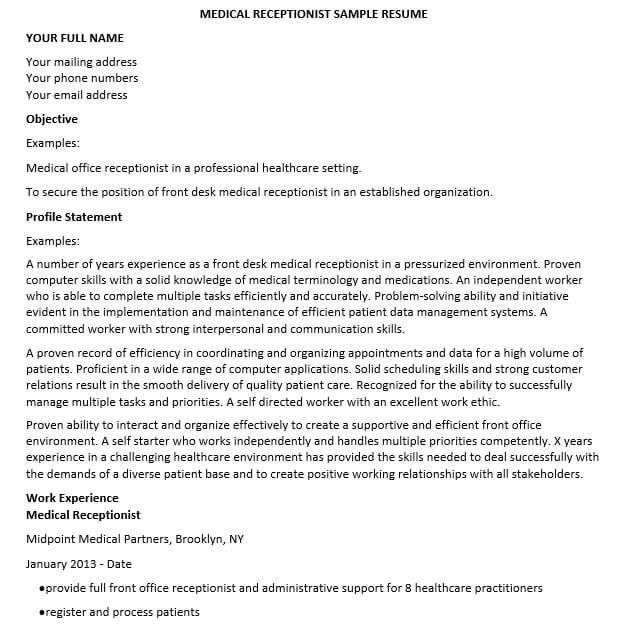 free medical receptionist resume template