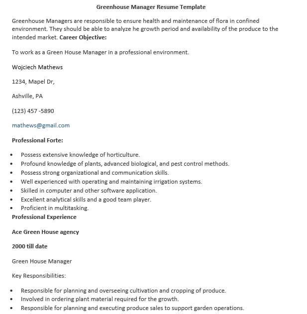 greenhouse manager resume template