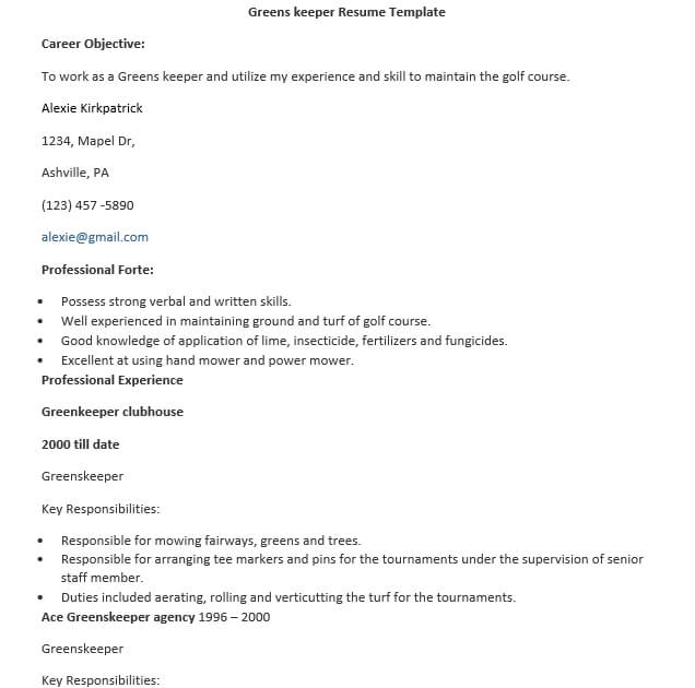 greens keeper resume template
