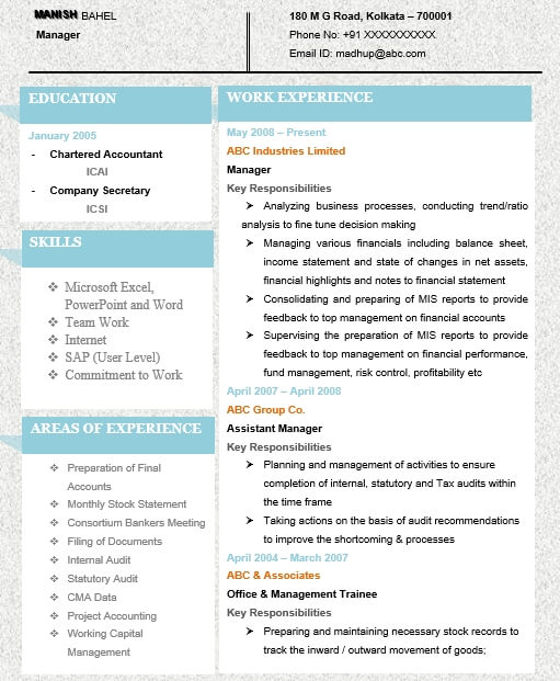 latest chartered accountant resume sample doc with experience