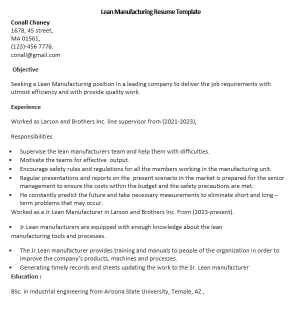 lean manufacturing resume template